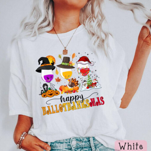 Happy Hallo Thanksmas Wine Shirt, Halloween Wine Glasses Shirt, Fall Wine Drinking Shirt, Happy Halloween Shirt, Hallo Thanksmas Shirt, Fall