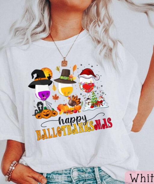 Happy Hallo Thanksmas Wine Shirt, Halloween Wine Glasses Shirt, Fall Wine Drinking Shirt, Happy Halloween Shirt, Hallo Thanksmas Shirt, Fall