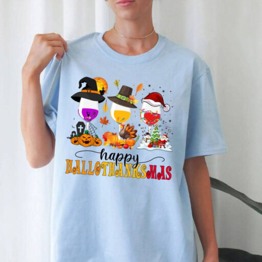 Happy Hallo Thanksmas Wine Shirt, Halloween Wine Glasses Shirt, Fall Wine Drinking Shirt, Happy Halloween Shirt, Hallo Thanksmas Shirt, Fall