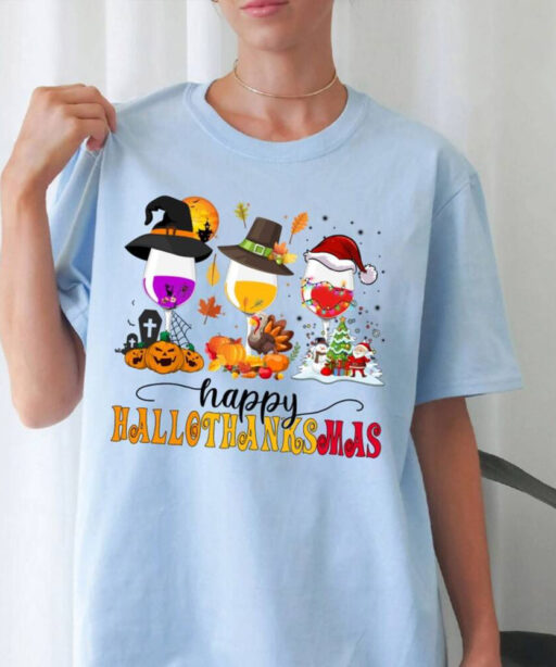 Happy Hallo Thanksmas Wine Shirt, Halloween Wine Glasses Shirt, Fall Wine Drinking Shirt, Happy Halloween Shirt, Hallo Thanksmas Shirt, Fall