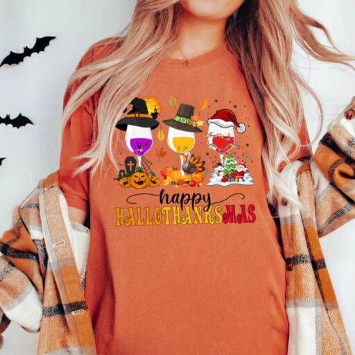 Happy Hallo Thanksmas Wine Shirt, Halloween Wine Glasses Shirt, Fall Wine Drinking Shirt, Happy Halloween Shirt, Hallo Thanksmas Shirt, Fall