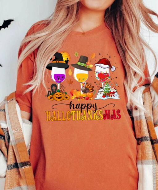 Happy Hallo Thanksmas Wine Shirt, Halloween Wine Glasses Shirt, Fall Wine Drinking Shirt, Happy Halloween Shirt, Hallo Thanksmas Shirt, Fall