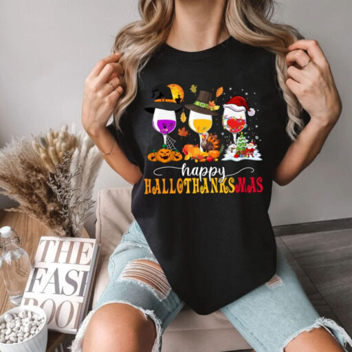 Happy Hallo Thanksmas Wine Shirt, Halloween Wine Glasses Shirt, Fall Wine Drinking Shirt, Happy Halloween Shirt, Hallo Thanksmas Shirt, Fall