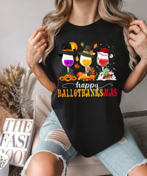 Happy Hallo Thanksmas Wine Shirt, Halloween Wine Glasses Shirt, Fall Wine Drinking Shirt, Happy Halloween Shirt, Hallo Thanksmas Shirt, Fall