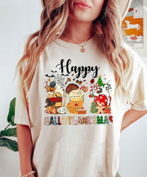 Happy Hallothanksmas Coffee Shirt, Funny Festival Shirt, Fall Halloween Shirt, Cute Fall Season Shirt, Holiday Shirt, Pumpkin Coffee Drink