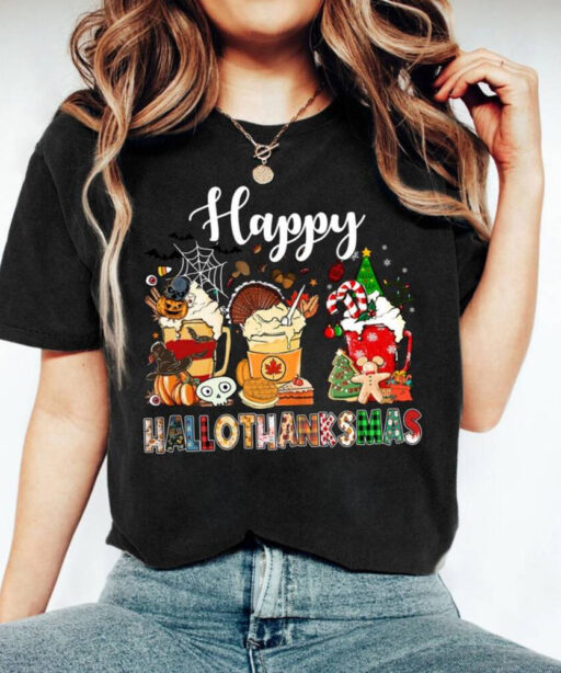 Happy Hallothanksmas Coffee Shirt, Funny Festival Shirt, Fall Halloween Shirt, Cute Fall Season Shirt, Holiday Shirt, Pumpkin Coffee Drink