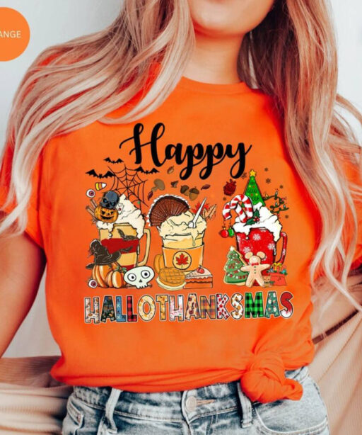 Happy Hallothanksmas Coffee Shirt, Funny Festival Shirt, Fall Halloween Shirt, Cute Fall Season Shirt, Holiday Shirt, Pumpkin Coffee Drink