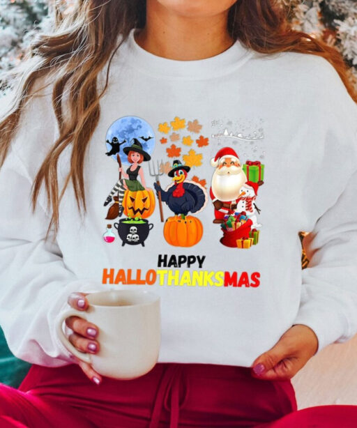 Happy Hallothanksmas Sweatshirt, Halloween & Merry Christmas Sweatshirt, Thanksgiving Sweatshirt, Hallothanksmas Shirt, Sweatshirt For Women