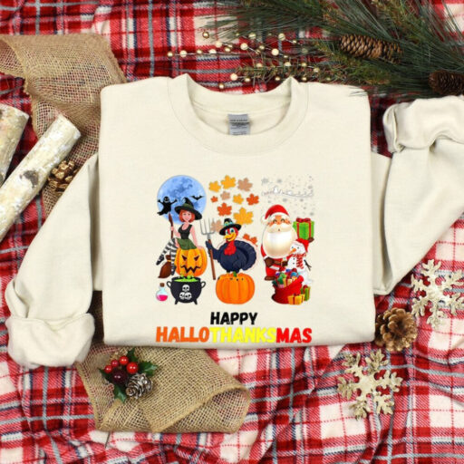 Happy Hallothanksmas Sweatshirt, Halloween & Merry Christmas Sweatshirt, Thanksgiving Sweatshirt, Hallothanksmas Shirt, Sweatshirt For Women