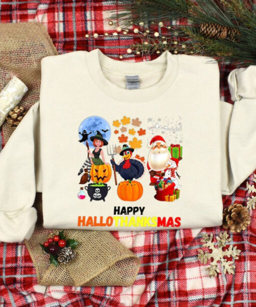 Happy Hallothanksmas Sweatshirt, Halloween & Merry Christmas Sweatshirt, Thanksgiving Sweatshirt, Hallothanksmas Shirt, Sweatshirt For Women