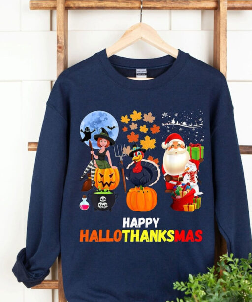 Happy Hallothanksmas Sweatshirt, Halloween & Merry Christmas Sweatshirt, Thanksgiving Sweatshirt, Hallothanksmas Shirt, Sweatshirt For Women