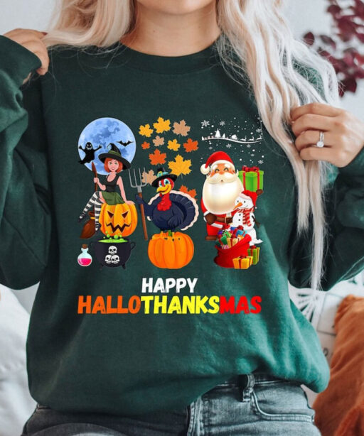 Happy Hallothanksmas Sweatshirt, Halloween & Merry Christmas Sweatshirt, Thanksgiving Sweatshirt, Hallothanksmas Shirt, Sweatshirt For Women