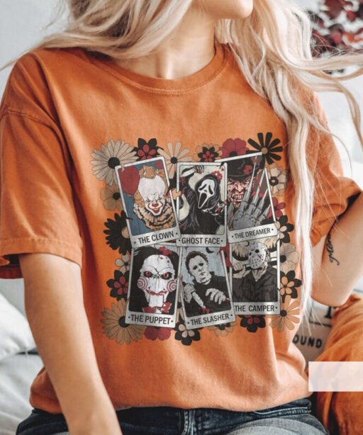 Horror Characters Tarot T-Shirts, Horror Characters Shirt, Scream Ghostface, Michael Myers, Freddy Kruger IT Jason Halloween, Scary Shirt