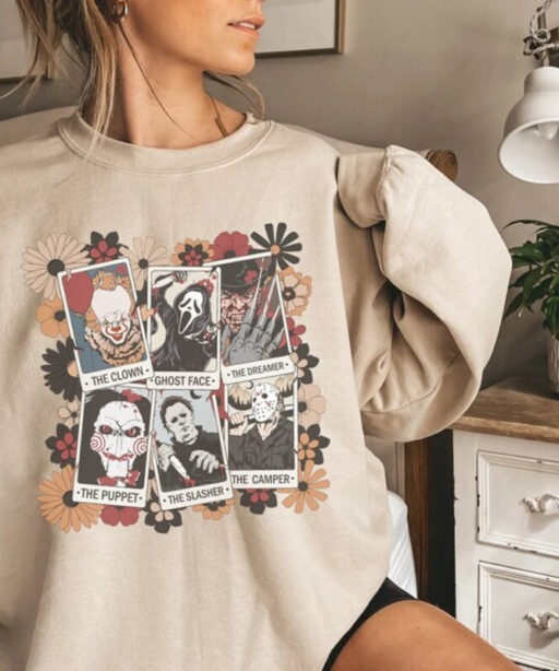 Horror Characters Tarot T-Shirts, Horror Characters Shirt, Scream Ghostface, Michael Myers, Freddy Kruger IT Jason Halloween, Scary Shirt