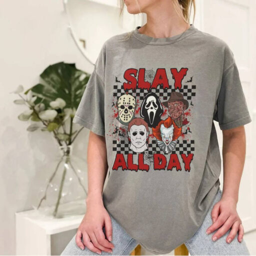 Horror Halloween shirt, Slay All day shirt, Horror Character shirt, Michael Myers, goshface, it, Movie Killers, Horror Movies, Woodsboro