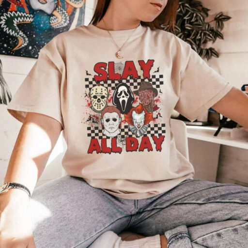 Horror Halloween shirt, Slay All day shirt, Horror Character shirt, Michael Myers, goshface, it, Movie Killers, Horror Movies, Woodsboro