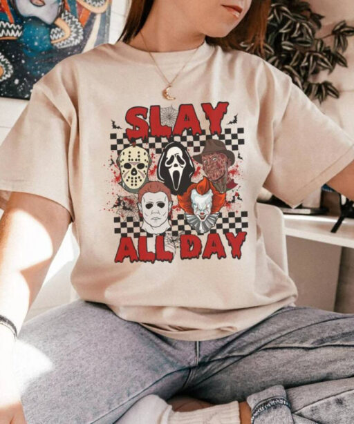 Horror Halloween shirt, Slay All day shirt, Horror Character shirt, Michael Myers, goshface, it, Movie Killers, Horror Movies, Woodsboro