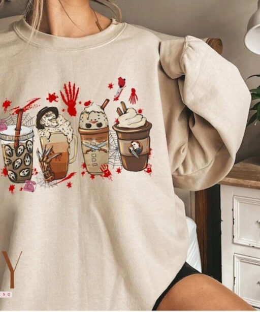 Horror Movie Coffee Latte Sweatshirt, Halloween Drink Cozy Hoodie, Horror Movie Killers Coffee Sweatshirt, Horror Movie Sweater, Jason Tee