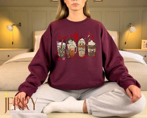 Horror Movie Coffee Latte Sweatshirt, Halloween Drink Cozy Hoodie, Horror Movie Killers Coffee Sweatshirt, Horror Movie Sweater, Jason Tee