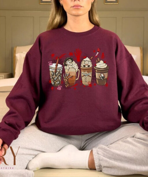 Horror Movie Coffee Latte Sweatshirt, Halloween Drink Cozy Hoodie, Horror Movie Killers Coffee Sweatshirt, Horror Movie Sweater, Jason Tee