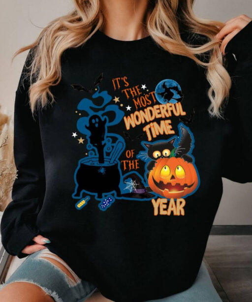It's the Most Wonderful Time Of The Year Black Cat Shirt, Vintage Black Cat Halloween Shirt,Retro Pumpkin Halloween Shirt,Crazy Cat Lady Tee