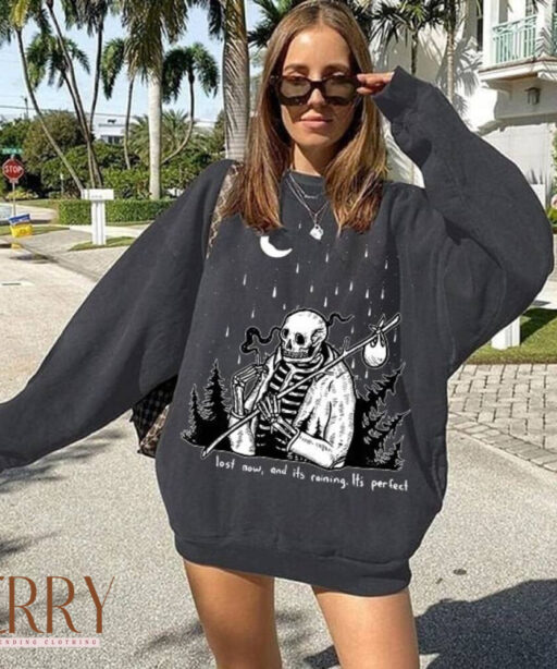 Lost Now, And It's Raining, It's Pefect Sweatshirt, Y2K Sweatshirt, Halloween Skeleton Women Sweatshirt, Halloween Skeleton Oversize Sweater