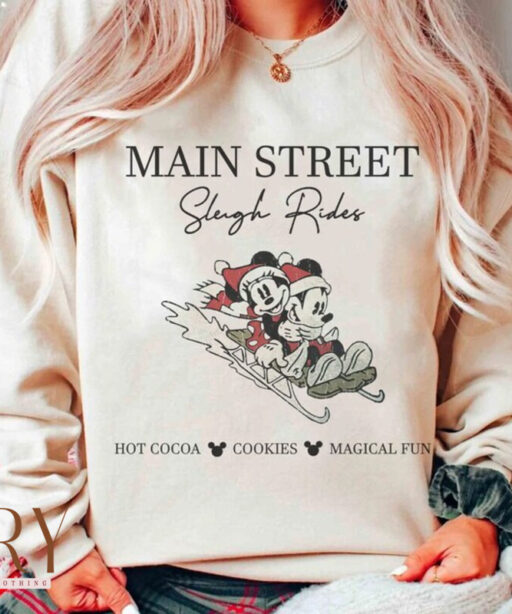 Main street sleigh rides Mickey and minnie shirt, Vintage xmas, Disney Characters Shirt, Disneyworld Shirt, Xmas Matching family, xmas trees