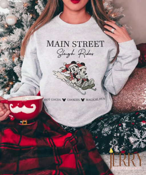 Main street sleigh rides Mickey and minnie shirt, Vintage xmas, Disney Characters Shirt, Disneyworld Shirt, Xmas Matching family, xmas trees