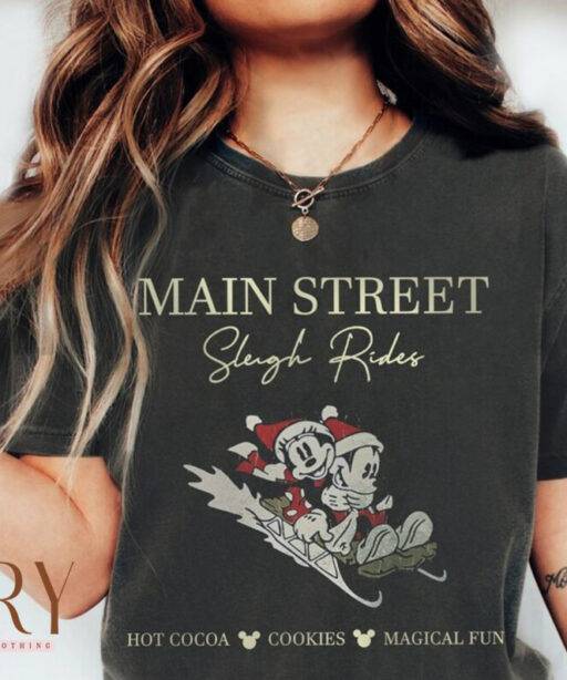 Main street sleigh rides Mickey and minnie shirt, Vintage xmas, Disney Characters Shirt, Disneyworld Shirt, Xmas Matching family, xmas trees