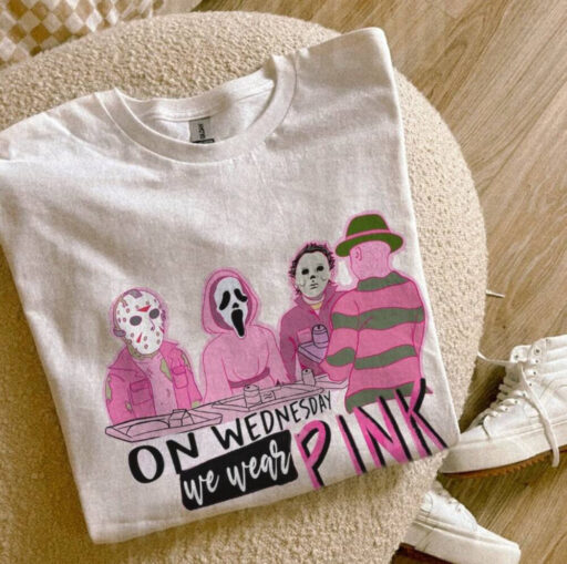 Mean Girls On Wednesday We Wear Pink Halloween, Horror Movie Characters, Ghost Face, Michael Myler, scream, Funny Halloween character shirt