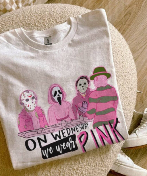 Mean Girls On Wednesday We Wear Pink Halloween, Horror Movie Characters, Ghost Face, Michael Myler, scream, Funny Halloween character shirt