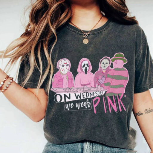 Mean Girls On Wednesday We Wear Pink Halloween, Horror Movie Characters, Ghost Face, Michael Myler, scream, Funny Halloween character shirt