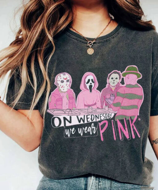 Mean Girls On Wednesday We Wear Pink Halloween, Horror Movie Characters, Ghost Face, Michael Myler, scream, Funny Halloween character shirt