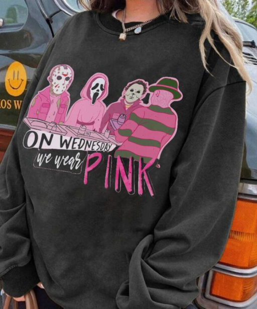 Mean Girls On Wednesday We Wear Pink Halloween, Horror Movie Characters, Ghost Face, Michael Myler, scream, Funny Halloween character shirt