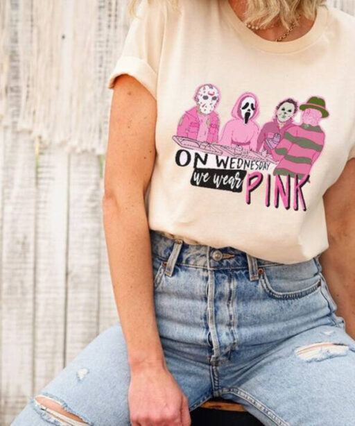 Mean Girls On Wednesday We Wear Pink Halloween, Horror Movie Characters, Ghost Face, Michael Myler, scream, Funny Halloween character shirt