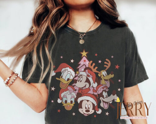 Mickey Disney 2023 vintage christmas shirt, Disney Santa Mickey And Minnie Xmas, christmas trees disney, pink xmas, mickey and friends shirt