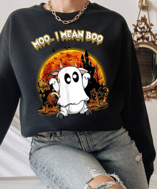 Moo... I Mean Boo Sweatshirt, Halloween Highland Cow Shirt, Happy Halloween Shirt, Halloween Gifts, Spooky Cow Shirt, Spooky Vibes T-shirt