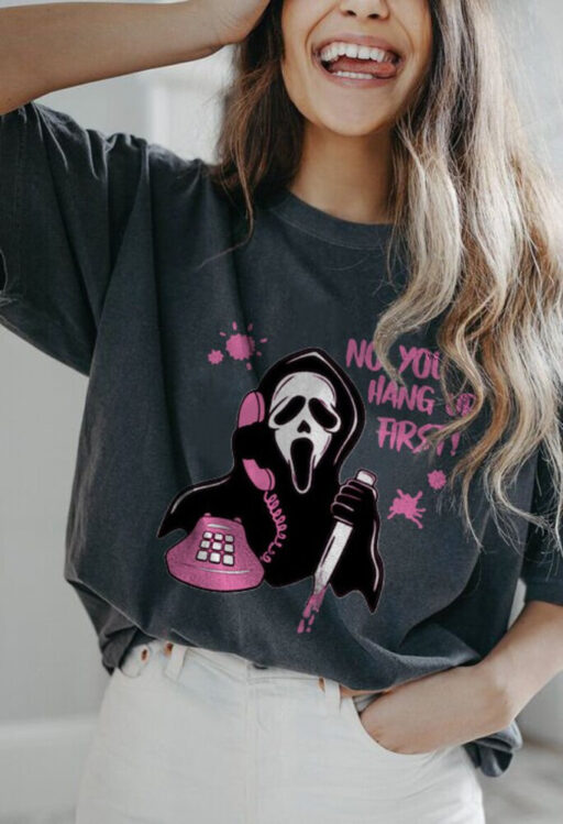 No You Hang Up First It Shirt, Horror character halloween tee, Ghostface shirt, Horror Movie Halloween, Funny Ghostface, Horror Scream shirt