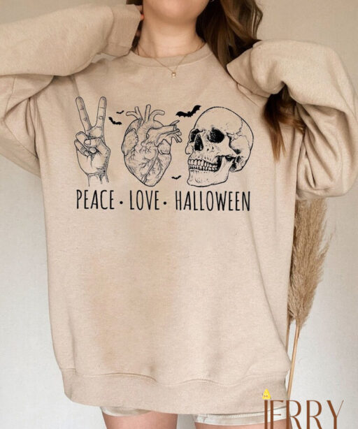 Peace Love Halloween Sweatshirt, Y2K Sweatshirt, Halloween Women Sweatshirt, Halloween Skeleton Sweater, Halloween Skull Sweatshirt