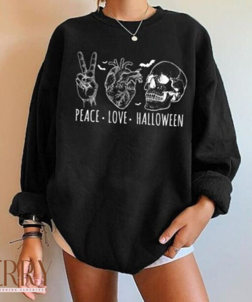 Peace Love Halloween Sweatshirt, Y2K Sweatshirt, Halloween Women Sweatshirt, Halloween Skeleton Sweater, Halloween Skull Sweatshirt