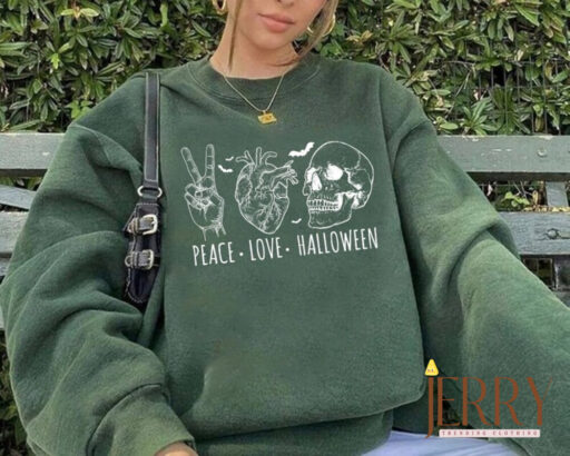 Peace Love Halloween Sweatshirt, Y2K Sweatshirt, Halloween Women Sweatshirt, Halloween Skeleton Sweater, Halloween Skull Sweatshirt