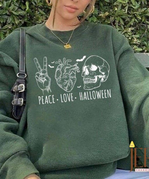 Peace Love Halloween Sweatshirt, Y2K Sweatshirt, Halloween Women Sweatshirt, Halloween Skeleton Sweater, Halloween Skull Sweatshirt