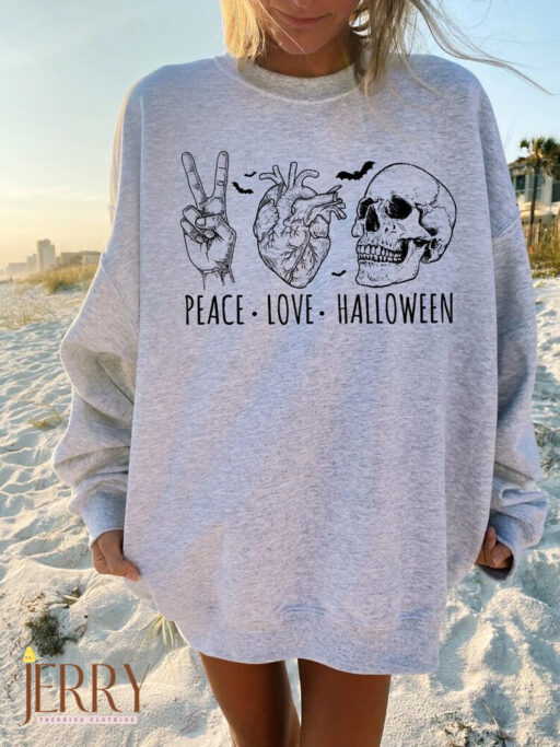 Peace Love Halloween Sweatshirt, Y2K Sweatshirt, Halloween Women Sweatshirt, Halloween Skeleton Sweater, Halloween Skull Sweatshirt