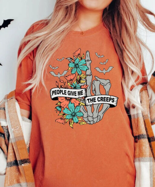 People Give Me The Creeps Shirt, Halloween Shirt, Horror Shirt, Skeleton Hand Floral Tee, Witch Vibes Shirt, Spooky Season Shirt, Fall Shirt