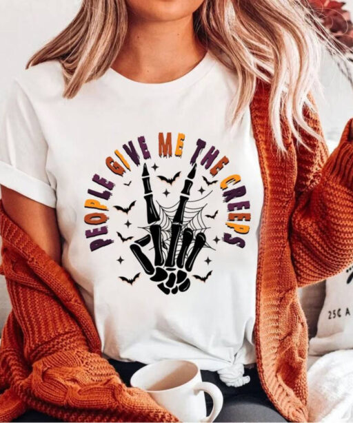People Give Me The Creeps T-Shirt, Horror Shirt, Horror Gift For Men, Halloween Shirt, Skeleton Hand Tee, Witch Vibes Shirt, Spooky Season