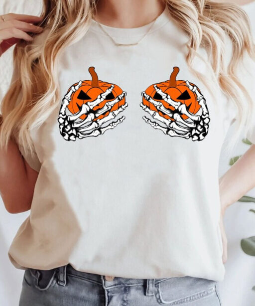 Pumpkin Boobies Shirt, Funny Halloween Shirt, Skeleton Hands Shirt,Halloween Party Shirt, Funny Skeleton Boob Shirt,Thanksgiving Boobies Tee