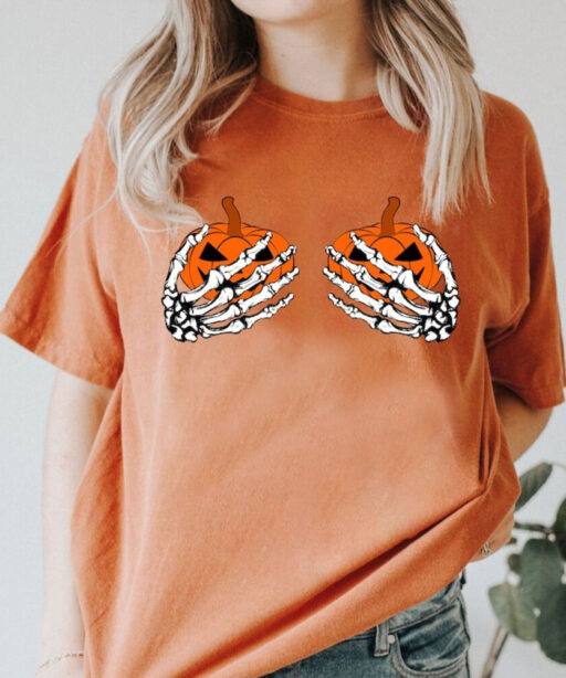 Pumpkin Boobies Shirt, Funny Halloween Shirt, Skeleton Hands Shirt,Halloween Party Shirt, Funny Skeleton Boob Shirt,Thanksgiving Boobies Tee