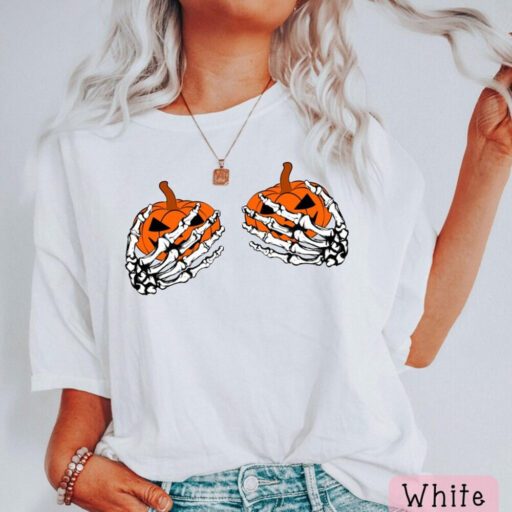 Pumpkin Boobies Shirt, Funny Halloween Shirt, Skeleton Hands Shirt,Halloween Party Shirt, Funny Skeleton Boob Shirt,Thanksgiving Boobies Tee