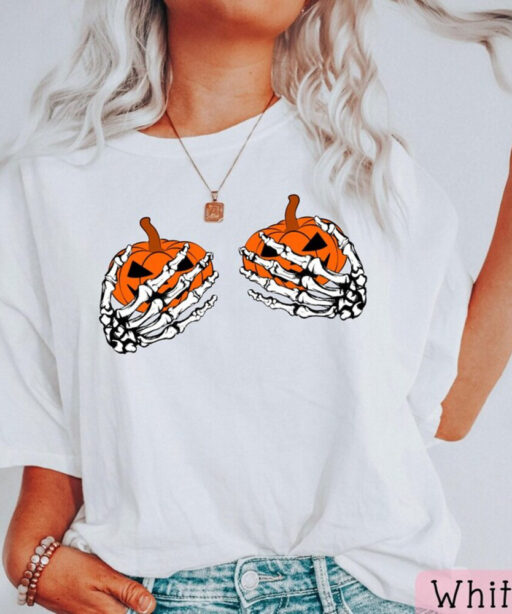 Pumpkin Boobies Shirt, Funny Halloween Shirt, Skeleton Hands Shirt,Halloween Party Shirt, Funny Skeleton Boob Shirt,Thanksgiving Boobies Tee