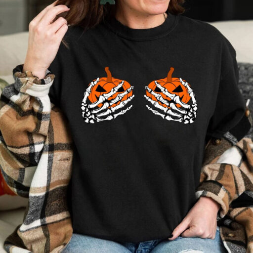 Pumpkin Boobies Shirt, Funny Halloween Shirt, Skeleton Hands Shirt,Halloween Party Shirt, Funny Skeleton Boob Shirt,Thanksgiving Boobies Tee